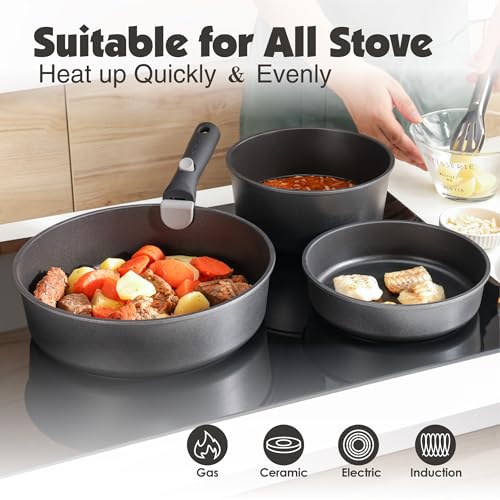 24 Piece Nonstick Detachable Handle Pots and Pans Set Black (Black / 24 Piece)
