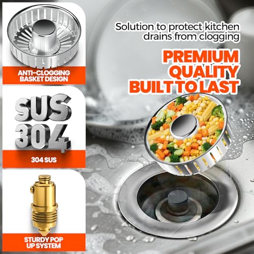 3 in 1 Kitchen Sink Drain Strainer and Stopper Brushed Silver (2pack / Silver Silver)