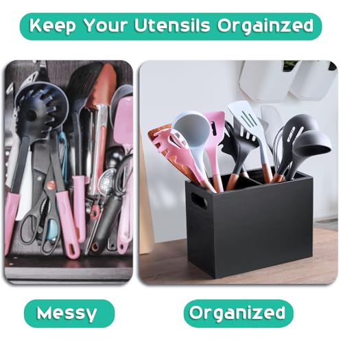 Black Utensil Holder for Kitchen Counter (Black / 2 Compatment)