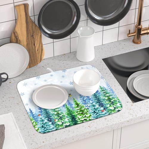 Winter Dish Drying Mat Forest Kitchen Mat for Counter for Home Season Decor 18 X 16 In (Winter Forest Bird / 18" x 16")