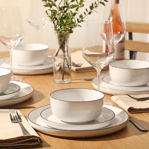 Oslo 12 Piece Porcelain Dinnerware Set (White w/ Black Rim (Oslo) / 12pc Dinnerware Set (Service for 4))