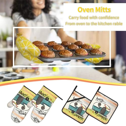 Happy Camper Oven Mitts and Pot Holders Sets of 4 (One Size / Happy Camper 1)