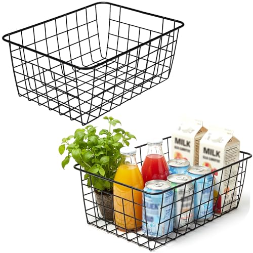 Kitchen Wire Baskets Farmhouse Decor Metal Food Storage Organizer (Black / 2 Pack Small)