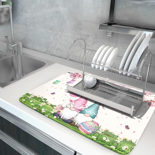 Easter Gnome Dish Drying Mat Floral Eggs Bunny Kitchen Drainer Mat 18x24 inch Absorbent Holiday Fast Dry Pad Protector for Counter Tabletop (Easter Gnome Egg / 24" x 18")