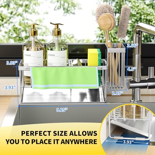 Kitchen Sink Caddy Organzier with High Brush Holder (Silver With Towel Rack / 9.25 inches)