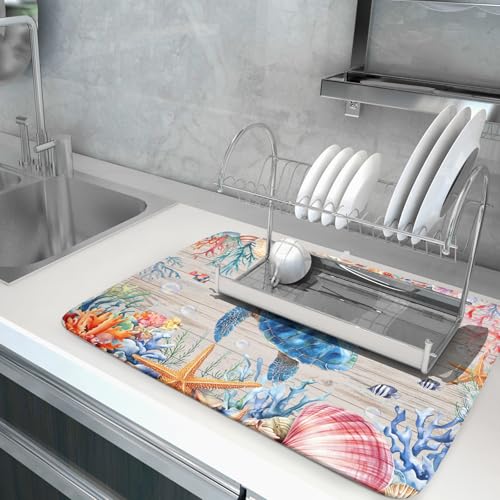 Sea Turtle Dish Drying Mat 18x24 inch Tropical Ocean Fast Dry Absorbent Microfiber Dishes Drainer Rack Pad for Countertop Bar Table Decor (Marine Turtle / 18" x 24")