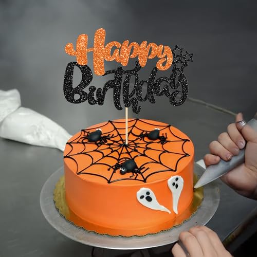 1Pcs Happy Birthday Cake Topper Glitter Happy Birthday Cake Pick for Halloween Baby Shower Theme Anniversary Party Cake Decorations Supplies Black Orange (Style 2 / Black Orange)