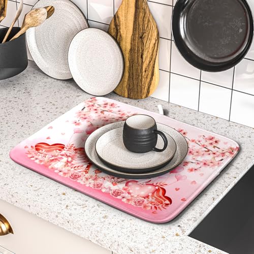 Small Holiday Dish Drying Mat Pink Love Bird Absorbent Coffee Bar Mat for Decoration 16 X 18 In (Pink Love Bird / 18" x 16")