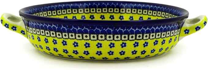 Polmedia Polish Pottery Round Baker with Handles 10-inch - Sunburst Daisies Pattern Handmade in Boleslawiec Poland by Ceramika Artystyczna + Certificate of Authenticity