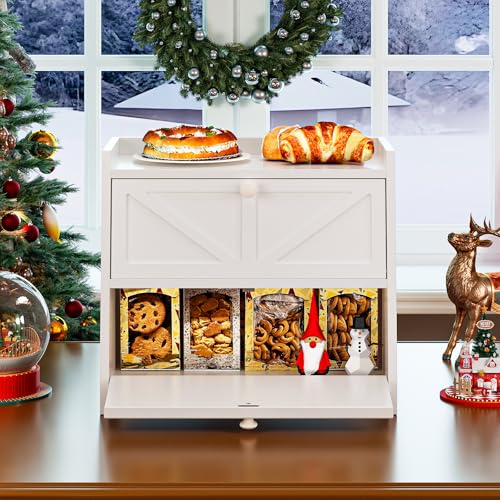Vintage Double Layer Bread Box for Kitchen Counter Bamboo Bread Storage Container Large Capacity Bread Storage Bin (White)
