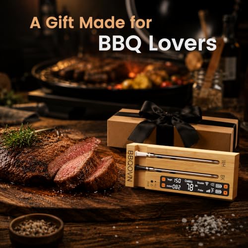 WiFi Sub 1G Wireless Meat Thermometer Unlimited Range 7 NIST Certified Sensors with Ambient Temp 2 Temp Monitoring Ways Digital Smart Base and App for BBQ (2-Probe-Bamboo)