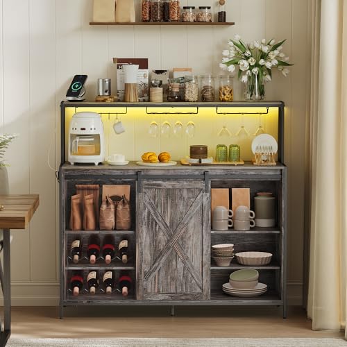 Coffee Bar Buffet Cabinet with LED Light and Power Outlet (With Power Outlet and Light / 14.2"D x 47.2"W x 44.9"H / Maple Gray)