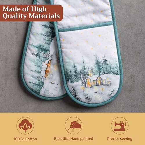 Double Oven Mitts 100% Cotton Double Oven Glove (126 - Neige De Noel / 7" x 35" (Double Oven Mitt))