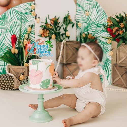 1Pcs Summer Beach Happy Birthday Cake Topper Glitter Ball Tree Umbrella Pool Cake Pick for Hawaiian Holiday Baby Shower Birthday Party Cake Decorations Supplies Blue