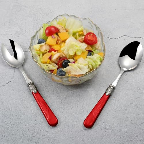 2 piece Salad Servers Stainless Steel Salad Serving Set Salad Fork and Spoon (Red)