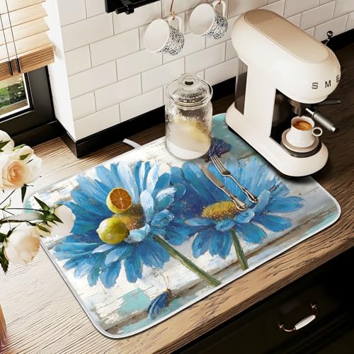 Rustic Daisy Blue on Vintage Wooden Dish Drying Mat for Kitchen Counter Absorbent Microfiber Large Drying Pad Dish Mats for Kitchen Countertops 18 x 24 Inch (24" x 18")