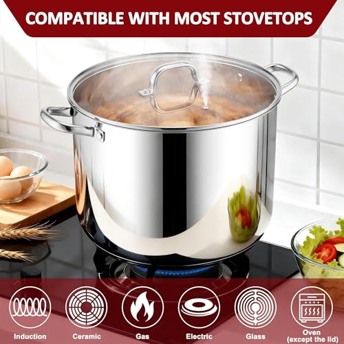 24-Quart 18/10 Stainless Steel Stock Pot with Lid, Large Heavy Duty Soup Pot Compatible with Electric, Gas, Induction and Gas Cooktops, Non-Toxic & Corrosion Resistant, Dishwasher Safe (24 Quarts)