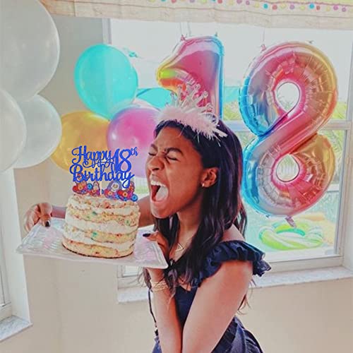 1 PCS Happy 18th Birthday Cake Topper Glitter Cheers to 18 Years Birthday Cake Pick 18 Fabulous Cake Decoration for Happy 18th Birthday Theme Party Decorations Supplies Blue (Blue / 18th)