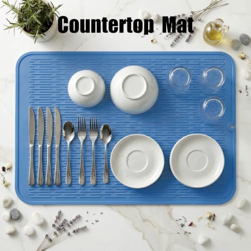 Silicone Dish Drying Mat for Multiple Usage (Lichen Blue / 32"L x 18"W)