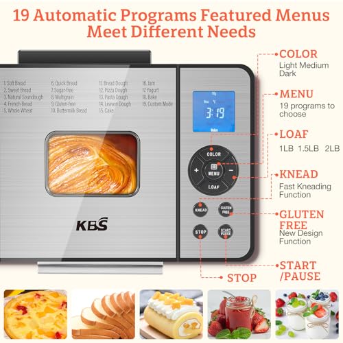 19-in-1 Programmable Bread Maker,2LB Large Bread Machine Stainless Steel with Sourdough,Gluten-Free,Nonstick Ceramic Pan,650W Bread Maker Machine with 15H Timer&1H Keep Warm,3 Crust Colors,Recipes (2LB Large Size)