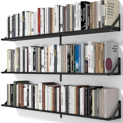 48 Inch Large Wall Bookshelves Set of 3 (Black / 47.24"W x 5.9"D x 5.4"H,Set of 3)