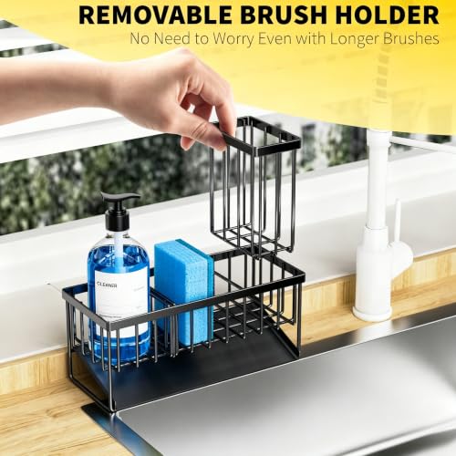 Sink Caddy Sponge Holder for Kitchen with Brush Holder and Stainless Steel Self Drain Tray (9.25'' / Black)