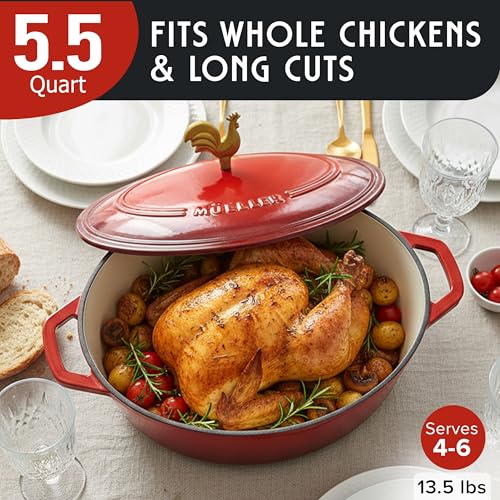 MUELLER HOME 5.5 Quart Enameled Cast Iron Oval Dutch Oven w Rooster Knob & Cotton Potholders (5.5 Quart -Oval / Red)