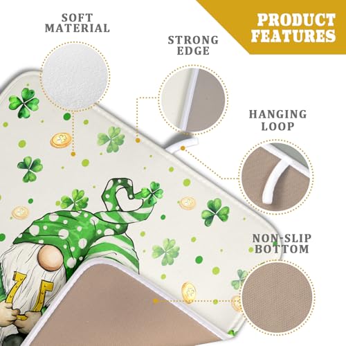 St Patrick's Day Gnome Dish Drying Mat 16x18 inch Lucky Shamrock Absorbent Reversible Dishes Drainer Rack Mat for Coffee Bar Kitchen Decor (Shamrock Gnome / 16" x 18")