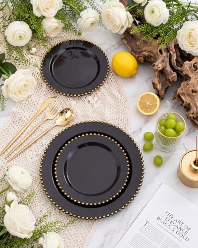 180PCS Black and Gold Plastic Plates Dinnerware Set for 30 Guests (Black and Gold Plastic Dinnerware Set / 180PCS)