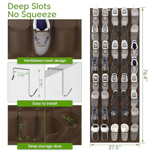 Over the Door Shoe Organizer with 40 Large Breathable Mesh Pockets (Brown / 40 Pockets)
