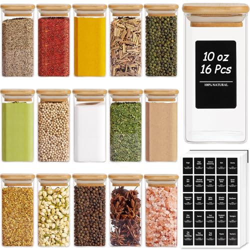 Square Glass Spice Jars with Labels 10 oz 16 Pack with Bamboo Lids (16 Count)