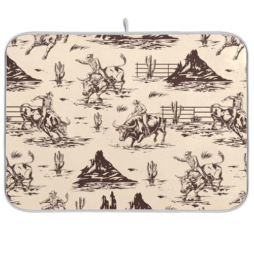 West Cactus Cowboy Dish Drying Mat for Kitchen Counter Absorbent Microfiber Drying Pad (18" x 18")