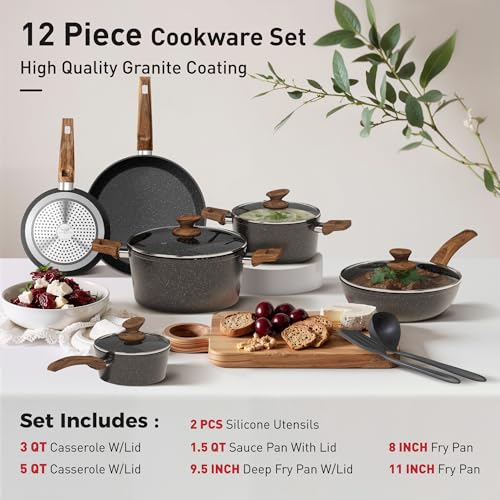 Non Stick Pots and Pans Set (Black / 12 Pcs Cookware Set)