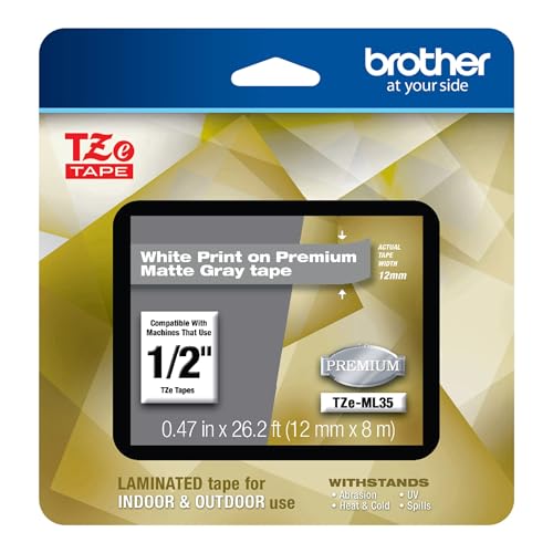 P-Touch TZe-ML35 White Print on Premium Matte Gray Laminated Tape 12mm (0.47”) Wide x 8m (26.2’) Long, TZEML35 (White on Premium Matte Gray / 12mm (0.47”) / Pack of 1)