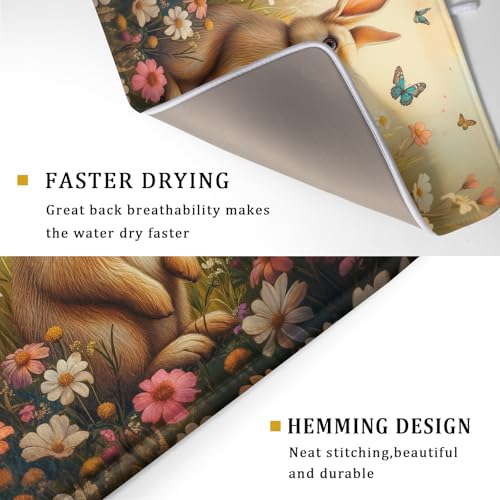 Easter Bunny Dish Drying Mat Flower Butterfly Kitchen Drainer Mat 18x24 inch Absorbent Reversible Dish Rack Pad for Counter Tabletop Decor (Easter Bunny Flower / 18" x 24")