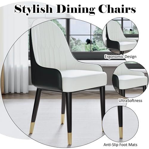 Black White Dining Chairs Set of 2 with High Backs Mid Century Modern Kitchen Dining Room Chairs PU Faux Leather Upholstered Large Padded Accent Chair with Legs (Black White)