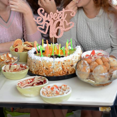 1Pc Sweet Teenager 16 Cake Topper Glitter 16th Birthday Cake Pick for Cheers to 16 Years Old 16th Birthday Party Cake Decorations Supplies Rose Gold