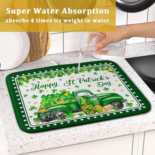 Shamrock Gnome Truck Dish Drying Mat Lucky Clover Dish Drainer Mat 16x18 inch Absorbent Fast Dry Pad for Kitchen Counter Coffee Bar Decor (Shamrock Gnome Truck / 16" x 18")