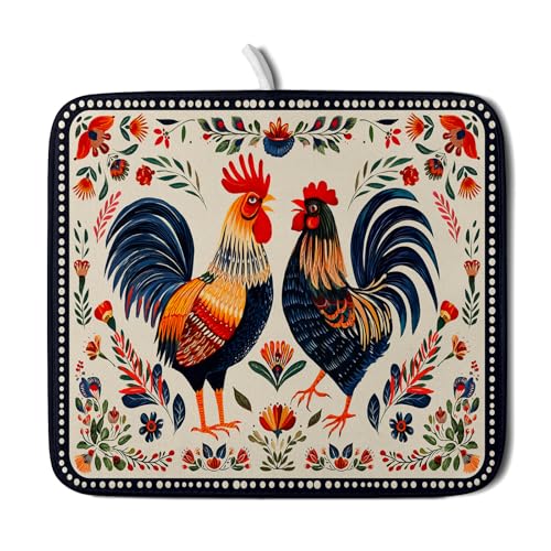 Roosters Chicken Dish Drying Mat for Kitchen Counter Absorbent Microfiber Drying Pad 16 x18 In (Chicken Art White / 18" x 16")