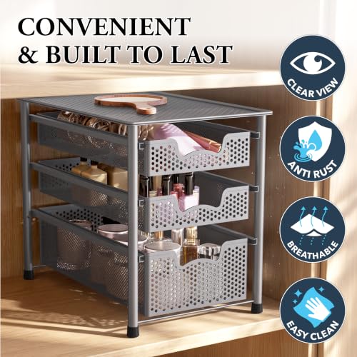 Stackable 3 Tier Sliding Basket Organizer Drawer (3-Tier / Silver)