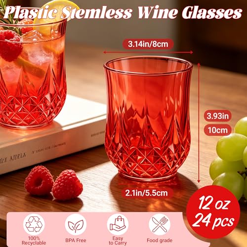 24 Pack Plastic Stemless Wine Glasses (Red)