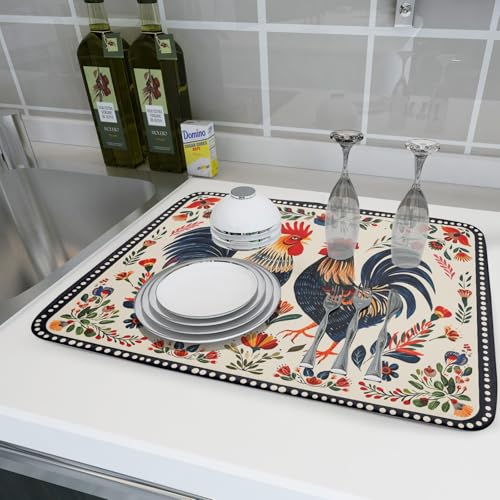 Rooster Poultry Dish Drying Mat for Kitchen Counter 18x24 Inch Microfiber Absorbent Colorful Printing Drying Pad (Chicken Art White / 24" x 18")