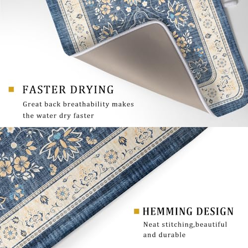 Blue Boho Dish Drying Mat for Kitchen Counter 18x24 Inch Fast Dry Drying Pad Vintage Floral Dish Drainer Rack Mats Coffee Bar Accessories (Blue Boho / 18 x 24 inch)