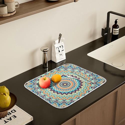 Bohemian Mandala Dish Drying Mat for Kitchen Counter Absorbent Microfiber Small Boho Ethnic Drying Pad Dish Mats for Kitchen Countertops 16 x 18 Inch (18" x 16")