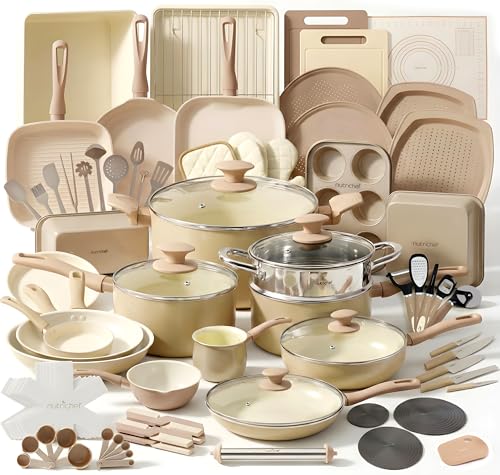 75-Piece Non-Stick Pots and Pans Set, Complete Ceramic Cookware Set with Bakeware, Utensils, Knife Set, & Accessories, Stain-Resistant, Food-Grade Safe, Cream/Brown (Taupe Brown / Assorted Sizes)