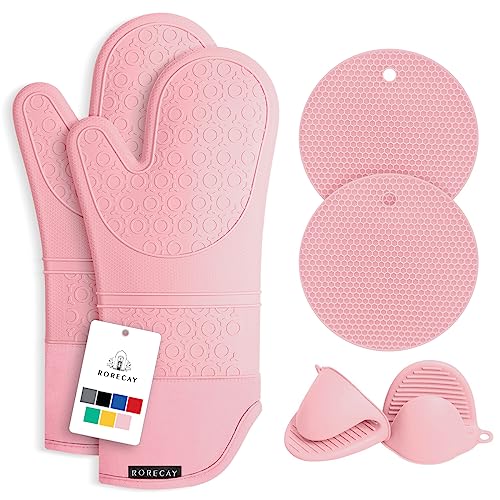 Silicone Oven Mitts and Pot Holders Sets (Pink)