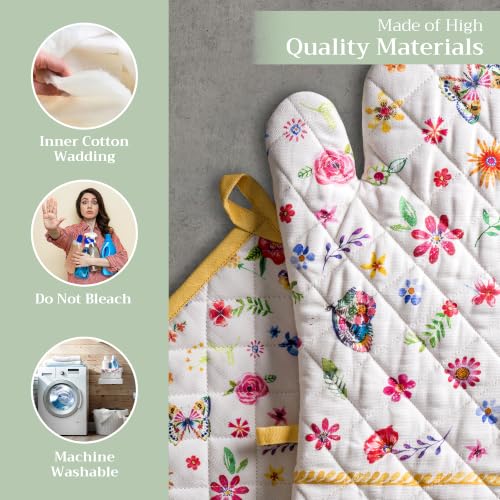 100% Cotton Oven Mitt & Pot Holder Set (034 - Happy Florals - Sweety / 7.5" x 13" & 8" x 8" (Oven Mitt & Pot Holder))