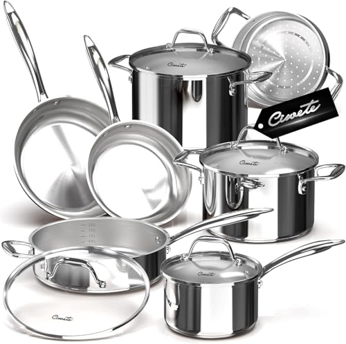 11-Piece Tri-Ply Stainless Steel Pots and Pans Set, 18/10 Stainless Steel Cookware Set with Steamer Insert, Induction Kitchen Cookware Sets with Cool Ergonomic Handles, Dishwasher, Oven Safe (Stainless Steel 11 PC)