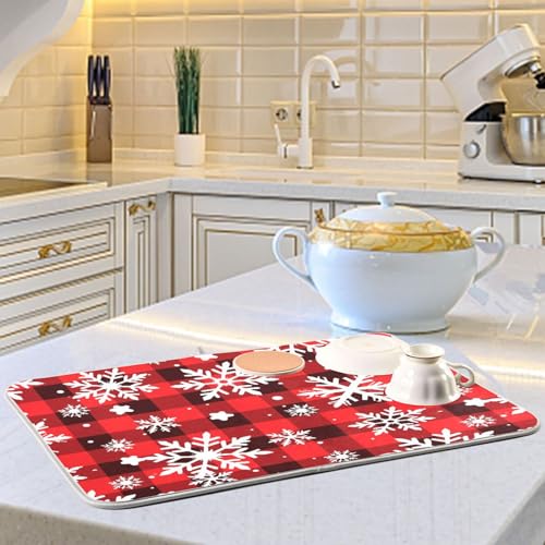 Snowflakes Christmas Tartan Plaid Dish Drying Mat for Kitchen Counter Absorbent Microfiber Drying Pad (16" x 18")