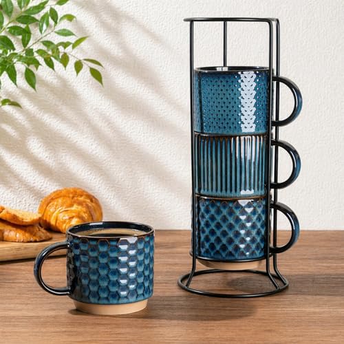 12 OZ Stackable Coffee Mugs Set of 4 (Deep Sea / 12oz (With Stand))